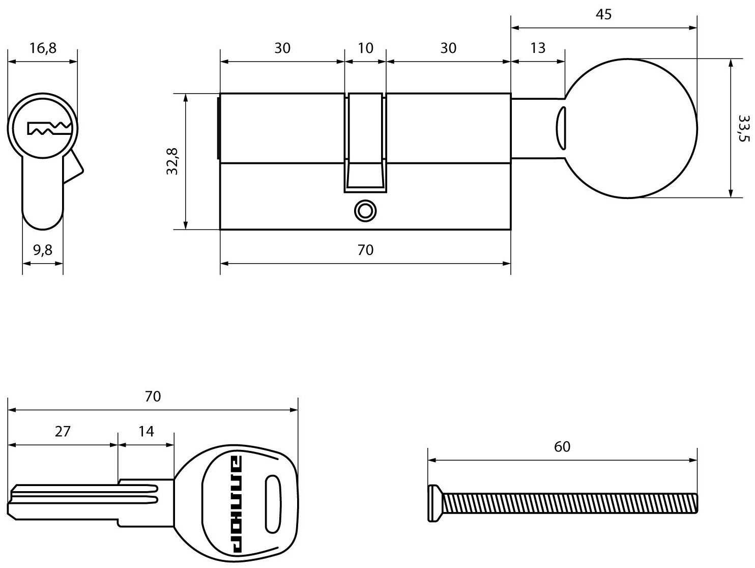 Цилиндровый механизм морозостойкий (личинка замка) для врезного замка Аллюр HD FG 70-5К WHITE белый ключ/вертушка, длина 70 мм - фотография № 3