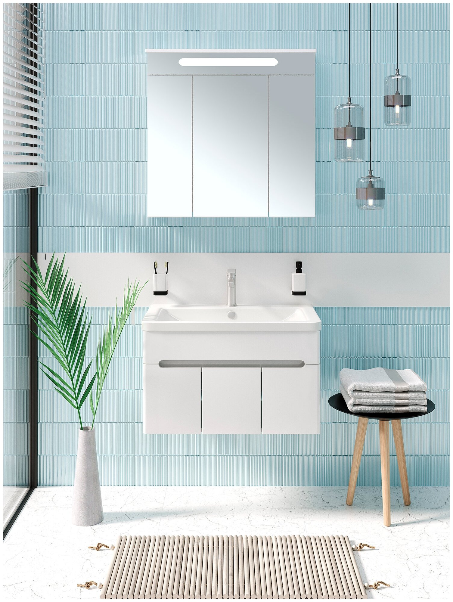 Мебель для ванной / Runo / Парма 75 /3 двери/ подвесной / тумба с раковиной OMEGA 75 / шкаф для ванной / зеркало для ванной