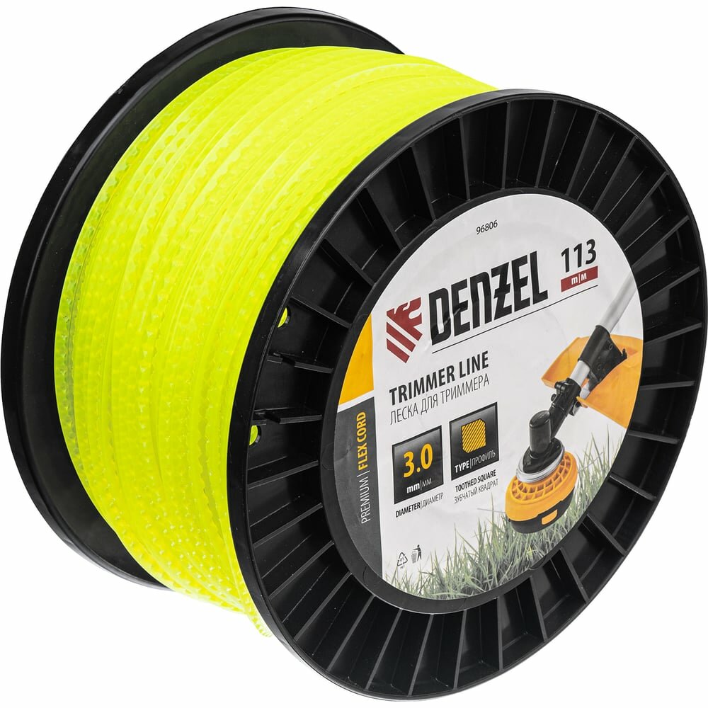 Леска для триммера зубчатый квадрат, 3,0мм х 113м, на DIN катушке FLEX CORD// Denzel