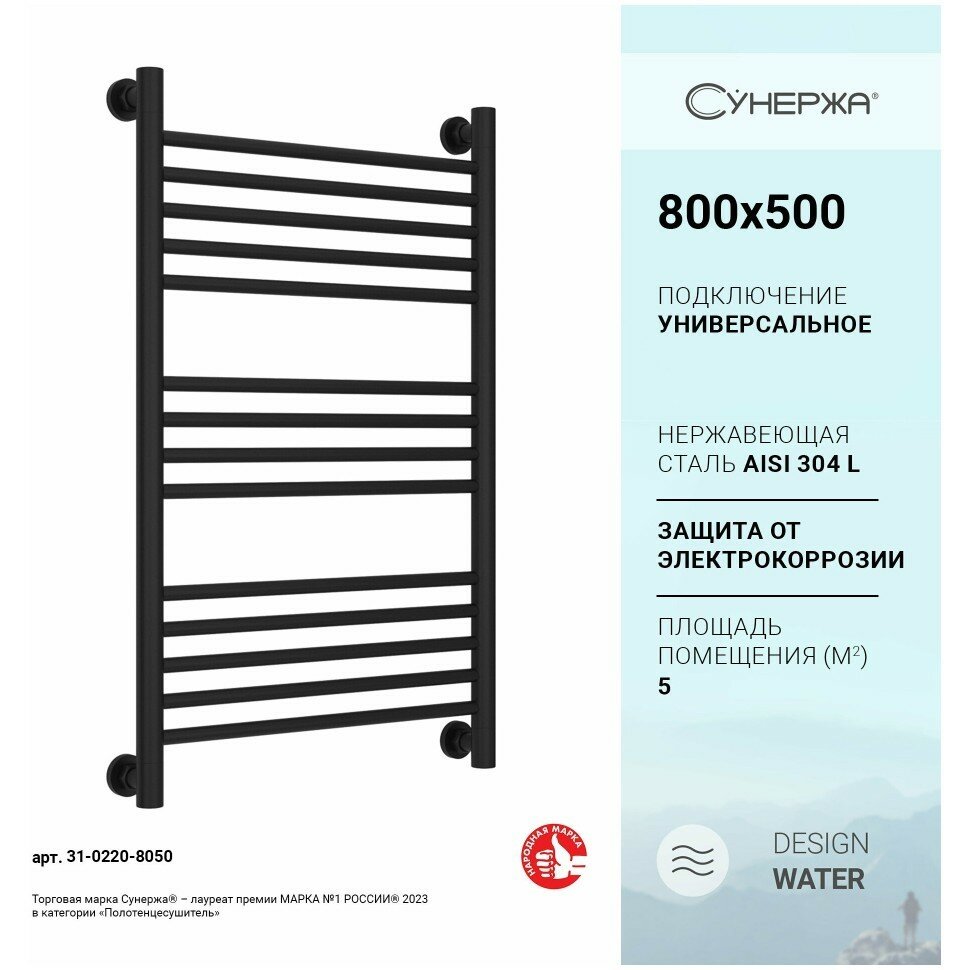 Водяной полотенцесушитель Сунержа Богема+ прямая 800x500 матовый черный