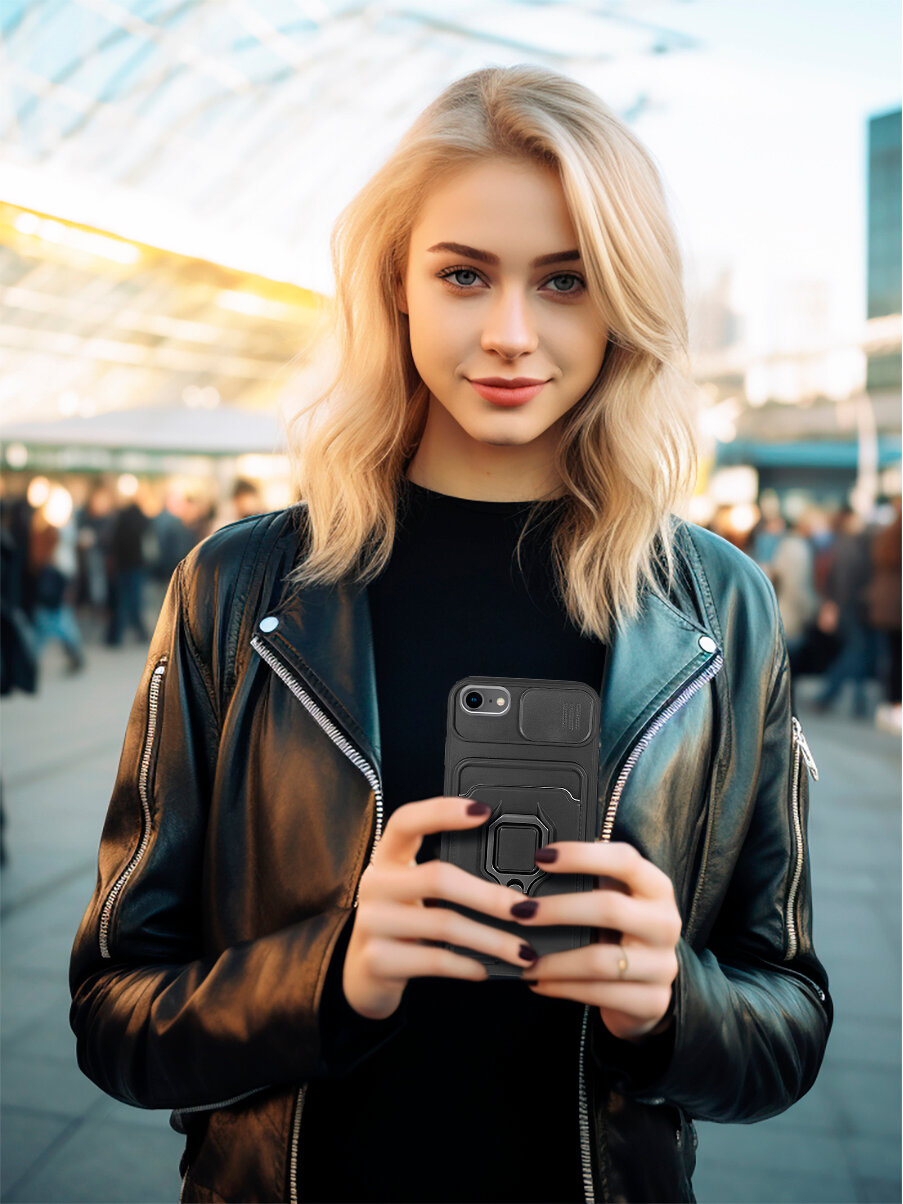 Противоударный чехол на Apple iPhone SE (2022) / SE (2020) / 8 / 7 с защитой камеры и карманом черный — фото 1