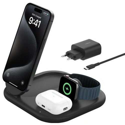 Док-станция BELKIN, беспроводное зарядное устройство для iPhone, Apple Watch и AirPods с MagSafe, 3 в 1 Qi2 15W черный