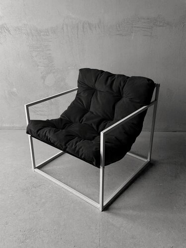 Изображение товара Кресло мягкое удобное для отдыха, уличное, на балкон, на веранду, в стиле лофт, минимализм, Комфи + велюр черный, белый металл