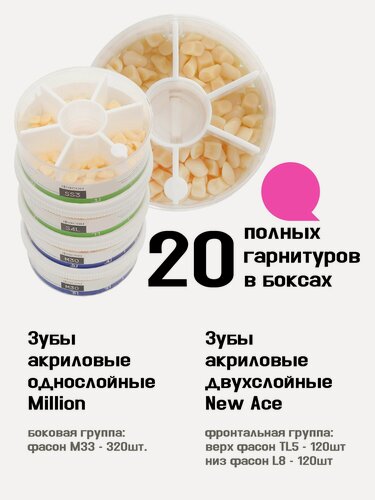 Изображение товара Зубы акриловые, вариант исполнения: New Асе -двухслойные, фронтальные, ф. TL5/L8. Million -однослойные, жевательные, фас. M33 (верх/низ). Цвет A2; 20 гарнитуров в боксах.