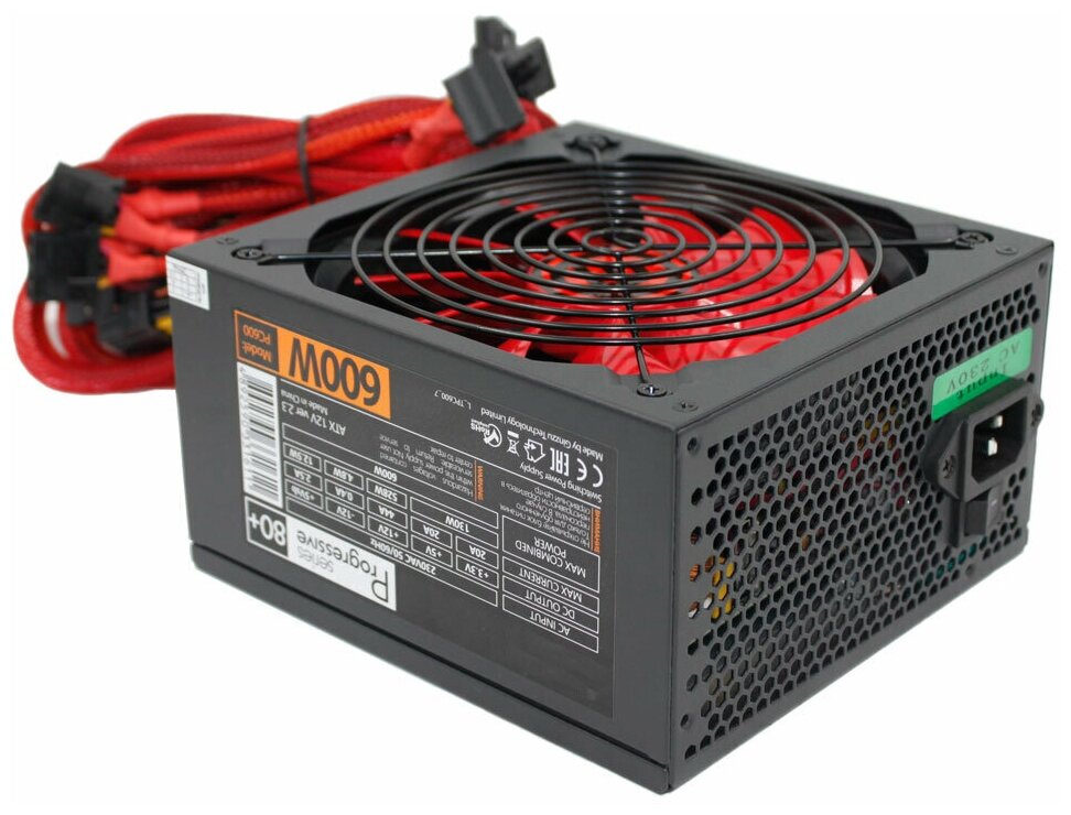 Блок питания 600W ATX Ginzzu PC600 14см(Red) 80+ black, APFC,24+4p,2 Pci-e(6+2), 5*SATA, 4*IDE, оплетк .