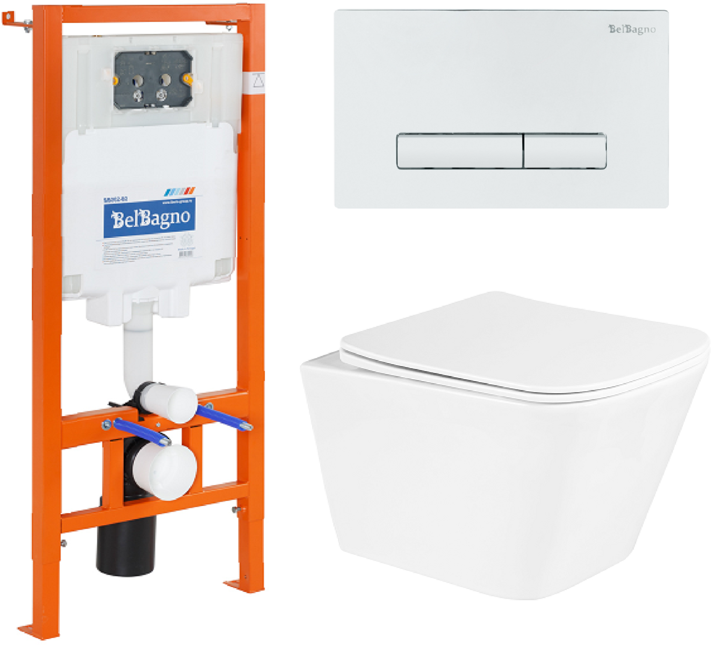 Комплект Унитаз подвесной BelBagno Due BB3103CHR/SC безободковый, с микролифтом + Система инсталляции для унитазов BelBagno BB002-80 с кнопкой смыва BB018-GV-BI - фото №1