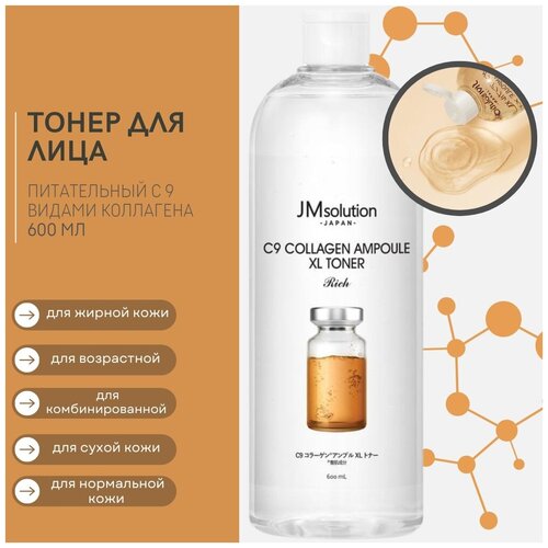 Ампульный тонер с 9 видами коллагена C9 COLLAGEN AMPOULE XL TONER, корейский тоник 600 мл