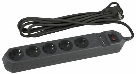 Эра Б0019036 Сетевой фильтр USF-5es-1.5m-USB-B черный с заземл, 3x0,75мм2, с выкл, 5гн, 1,5м