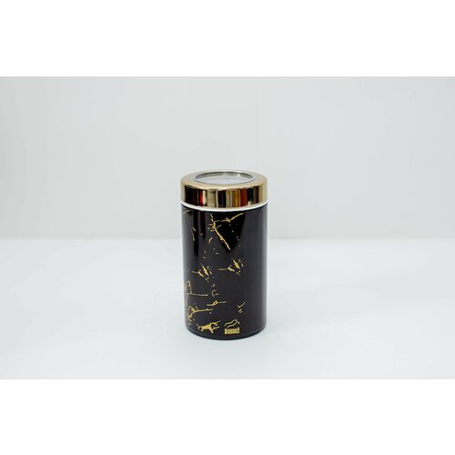 Набор ёмкостей для сыпучих продуктов из 3 шт. Bahaz Чёрный мрамор с прозрачной золотой крышкой, 1300 мл