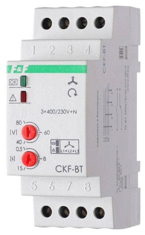 Реле контроля наличия и чередования фаз CKF-BT (монтаж на DIN-рейке 35мм; микропроцессорный; регулировка порога отключения и времени отключения; контроль верхнего и нижнего значений напряжения; 3х400/ - фотография № 2
