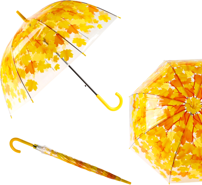 Зонт купол Листья желтые Эврика, зонт-трость женский, детский, прозрачный, 8 спиц, диаметр купола 80 см