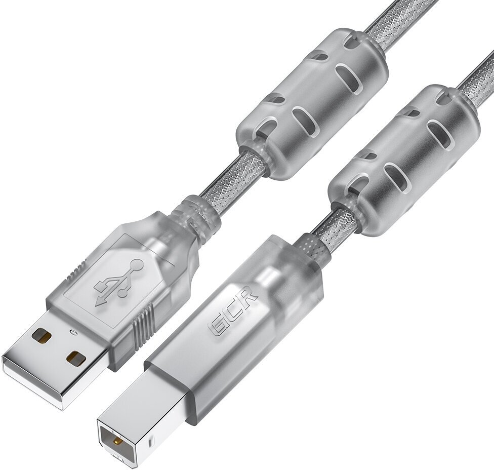 Greenconnect USB 2.0 Type-AM - USB 2.0 Type-BM 1.5м GCR Кабель PROF 1.5m USB 2.0, AM/BM, прозрачный, ферритовые кольца, 28/24 AWG, экран, армированный, морозостойкий, GCR-52422 GCR-52422