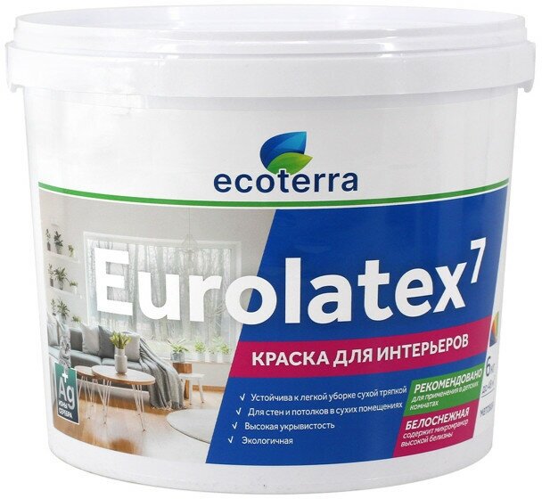 Краска акриловая ECOTERRA Eurolatex 7 для стен и потолков 6кг белая, арт. ЭК000135289