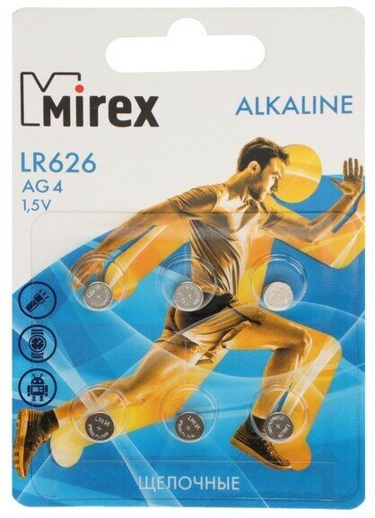 Батарейка алкалиновая Mirex, LR626, AG4, 1.5В, блистер, 6 шт