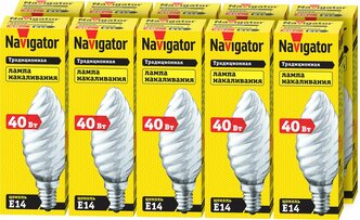 Лампа накаливания Navigator 94 330 NI-TC, витая свеча, 40 Вт, цоколь Е14, упаковка 10 шт.