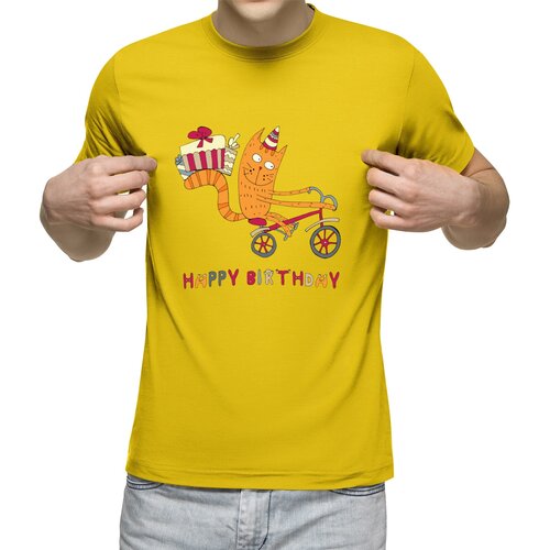 фото Мужская футболка «кот едет на велосипеде с подарками» (xl, синий) us basic