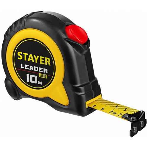 STAYER LEADER 10м / 25мм рулетка с автостопом в ударостойком обрезиненном корпусе