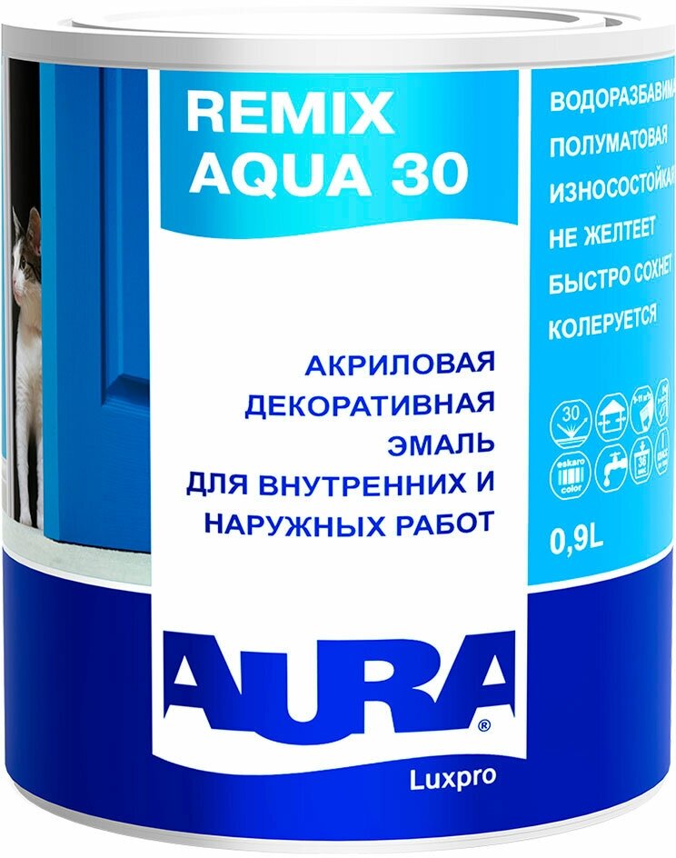 Эмаль акриловая Aura Remix Aqua 30 полуматовая бесцветная основа TR 0,9 л