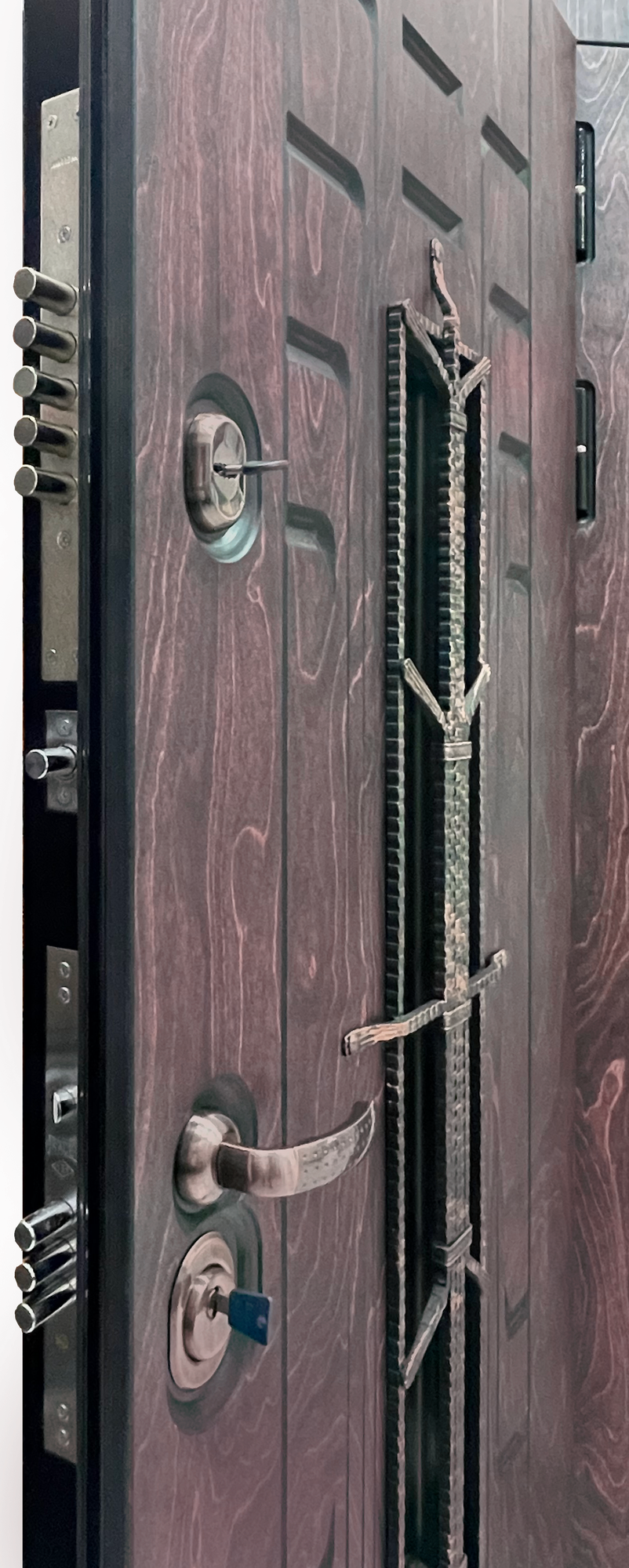 Входная дверь уличная викинг термо внешняя отделка лиственница морённая внутренняя панель винорит слоновая кость, по коробке 980х2045, левая - фотография № 5