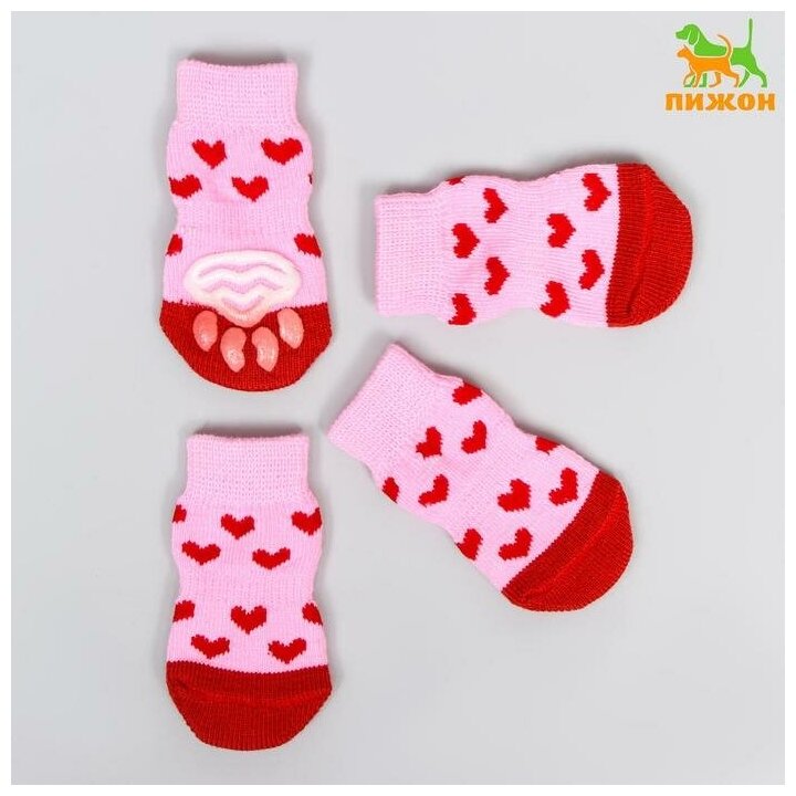 Носки нескользящие "Сердечки", размер М (3/4 * 7,5 см), набор 4 шт, розовые