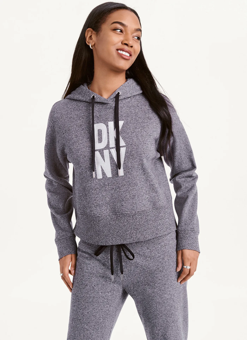 Худи DKNY М серое с большим лого на груди на флисе Stacked Logo Hoodie