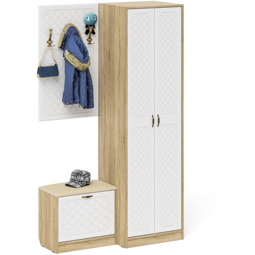 Прихожая комплект мебели со шкафом дуб сонома/фасады МДФ белое дерево фрезеровка ромб 120см - МД0877