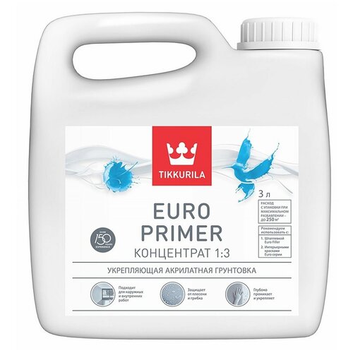 Грунтовка Tikkurila Euro Primer концентрат 1:3, 3 кг, 3 л, бесцветная грунтовка weber md 16 концентрат 3 2 кг 3 л белый