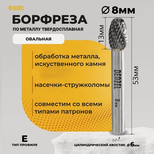 Изображение товара Борфреза по металлу твердосплавная, овальная, тип-E, 8 мм// Denzel