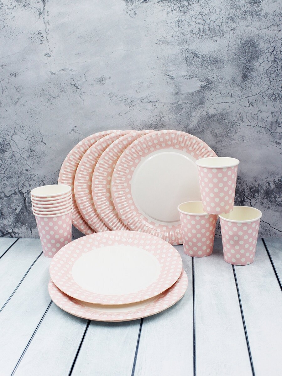 Набор одноразовой посуды "Горох на розовом" для праздника (10 стаканов, 10 тарелок) - фотография № 2