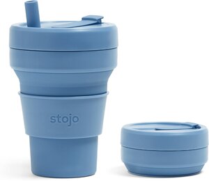 Cкладной стакан силиконовый с крышкой и трубочкой STOJO 470 мл, цвет синий