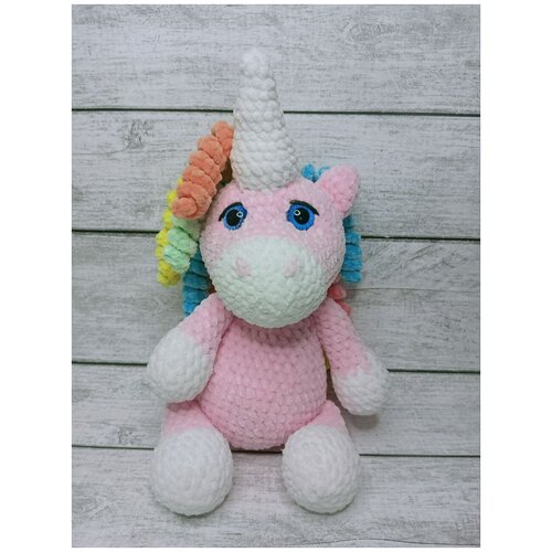 Мягкая игрушка, вязаный плюшевый единорог 35см/Единорожка радужный