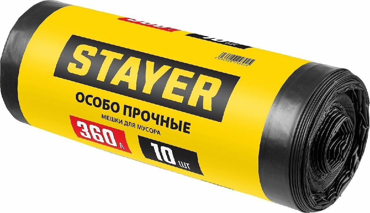 Строительные мусорные мешки STAYER 360л, 10шт, особопрочные, черные, HEAVY DUTY (39157-360)