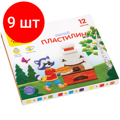 Комплект 9 шт, Пластилин Мульти-Пульти Енот в сказке, 12 цветов, 144г, со стеком, картон