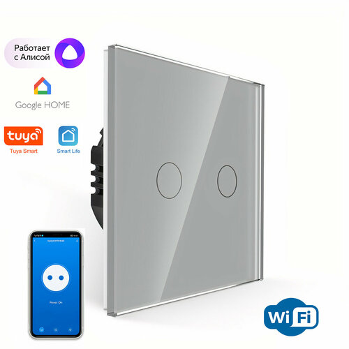 Сенсорный выключатель двухклавишный Wi-Fi, Удаленное управление, с нулем и без нуля, Умный дом (SK-TW02)