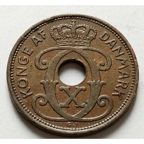 Дания 2 орэ 1927-1939. Монета с отверстием. Король Дании Кристиан X.