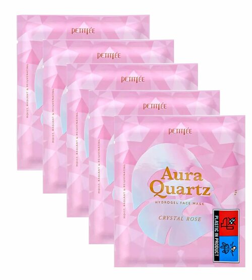 Petitfee~Гидрогелевая маска с жемчужной пудрой для выравнивания тона~Aura Quartz Hydrogel Face Mask, 5 шт