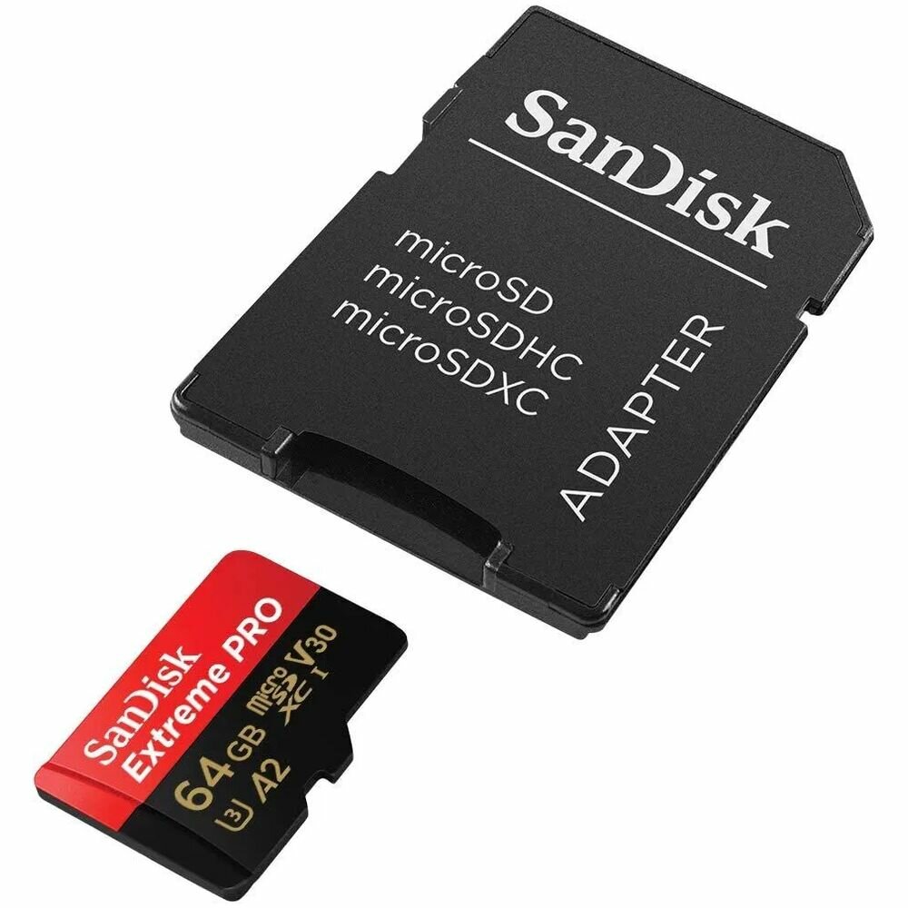 Карта памяти Micro SecureDigital 64Gb SanDisk Extreme Pro microSDHC class 10 UHS-1 U3 V30 A2 (SDSQXCU-064-GN6MA) + адаптер — фото 1