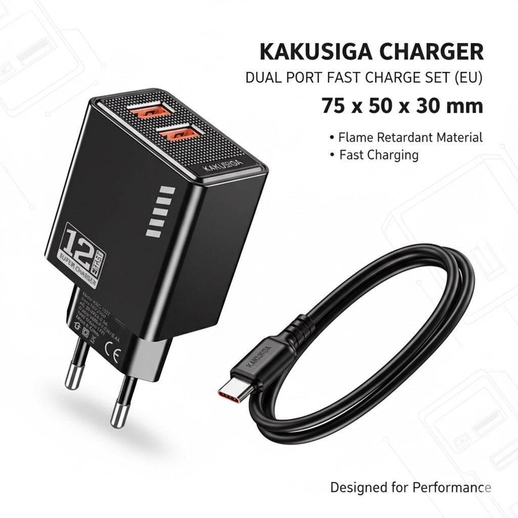 Зарядное устройство Kakusiga, для двух устройств, 2 USB-порта, черный
