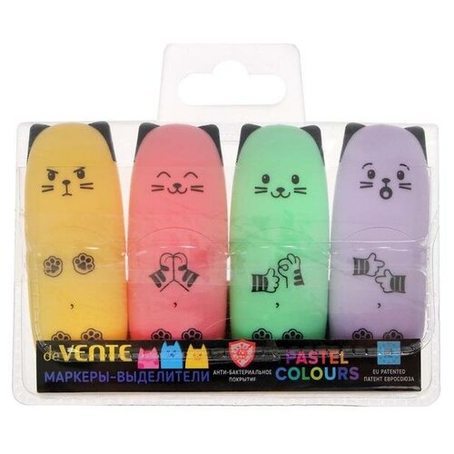 Набор маркеров текстовыделителей 4 цвета Pastel , 5,0 мм, deVENTE Kitty (пастельные цвета), мини-корпус с антибактериальным покрытием, в пластиковой упаковке