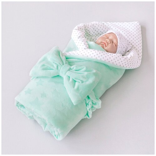 Одеяло на выписку 90х90 «Звездочки», с бантом на резинке демисезонное, мята