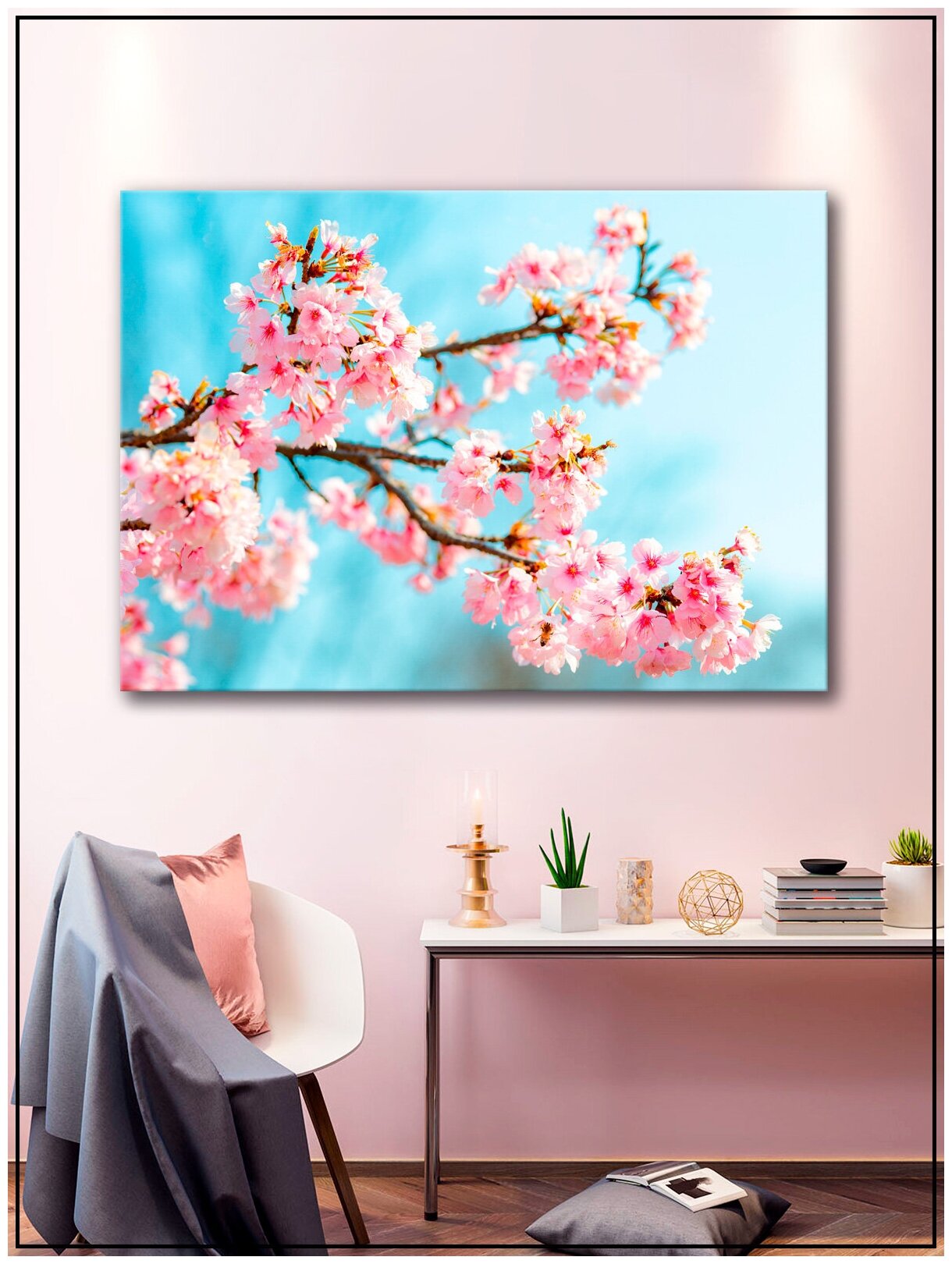 Картина для интерьера на натуральном хлопковом холсте "Ветка сакуры", 30*40см, холст на подрамнике, картина в подарок для дома