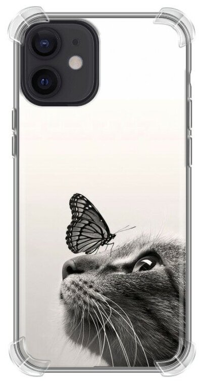 Дизайнерский силиконовый с усиленными углами чехол для Айфон 12 мини / Iphone 12 Mini Кот и бабочка