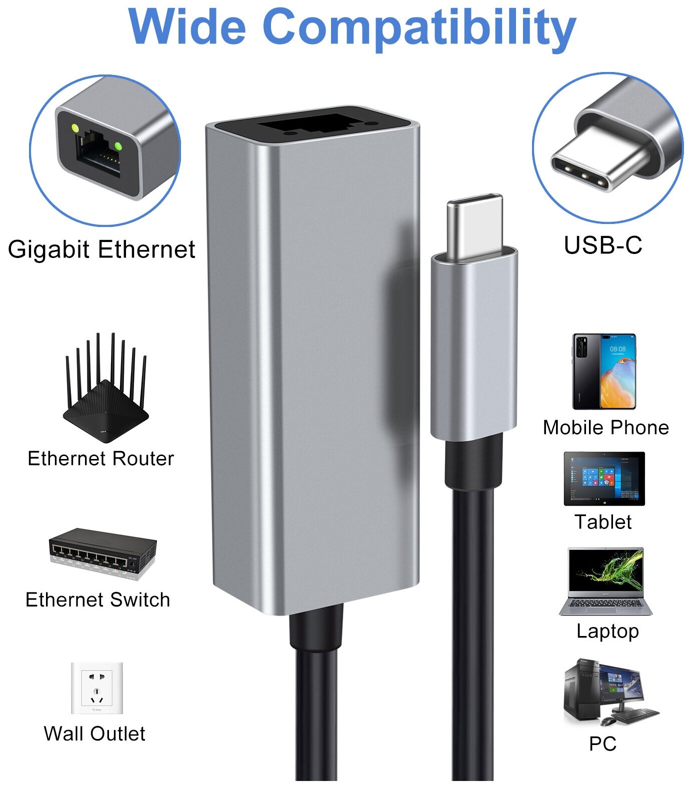 USB адаптер переходник ELfoC RJ-C Type-C папа to Ethernet adapter RJ-45 1 Гбит/сек 0,2 м Realtek 8153 для Mac и других ноутбуков с Type-C