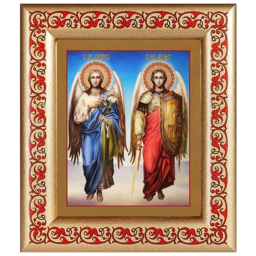 Архангелы Михаил и Гавриил, икона в рамке с узором 14,5*16,5 см архангелы михаил и гавриил икона в рамке 17 5 20 5 см