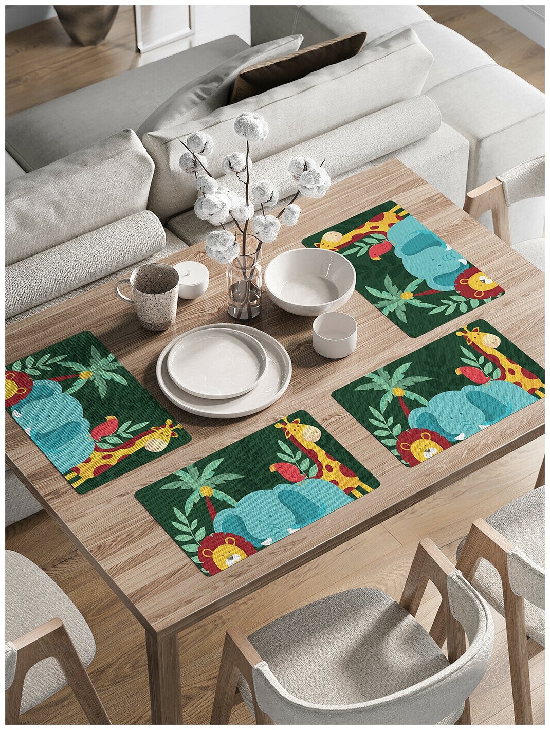 Комплект тканевых салфеток, плейсматов JoyArty с закругленными краями с рисунком "Детские джунгли" для сервировки стола 46x30 см, 4шт.