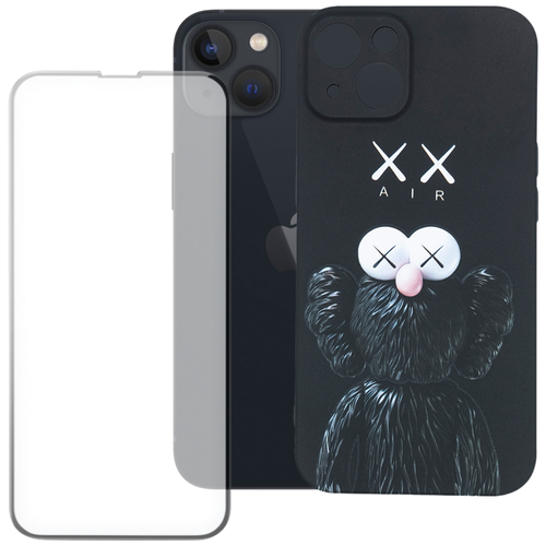 фото Комплект 2 в 1: защитный чехол kaws + защитное стекло для apple iphone 13 / айфон 13 / накладка / бампер с защитой камеры luxo / светящийся в темноте pduspb