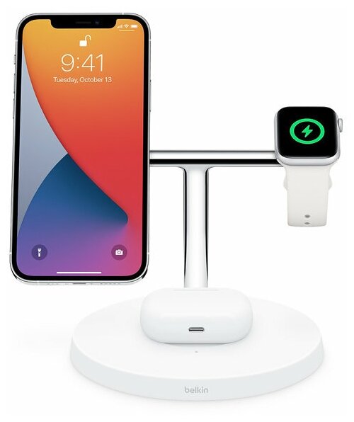 Беспроводная зарядная станция Belkin BoostCharge Pro 3-в-1 с официальной поддержкой MagSafe 15W, белый