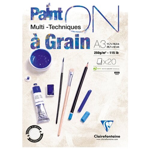 Альбом для смешанных техник Clairefontaine 20 л, А3, на склейке, "Paint'ON with grain", 250г/м2, экстра-белый (975050C)