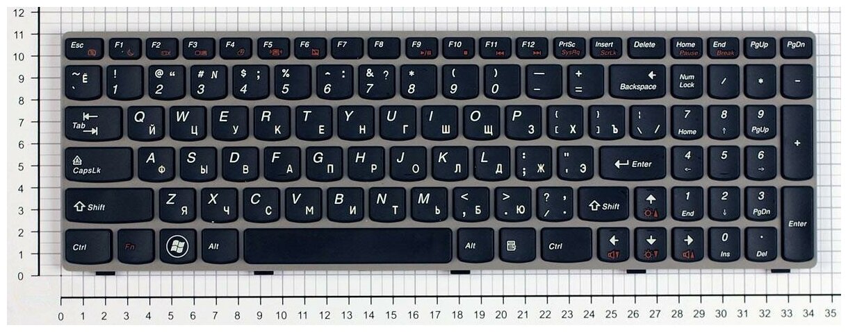Клавиатура для ноутбука Lenovo IdeaPad G575A черная с серой рамкой ножка крепежа находится рядом со шлейфом