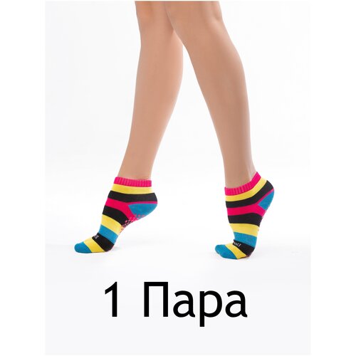 Носки для батутов и для йоги M с нескользящей прорезиненной подошвой желто-розово-голубые